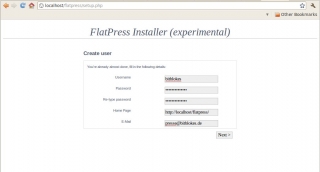 FlatPress: Installer, zweiter Schritt - Benutzer einrichten