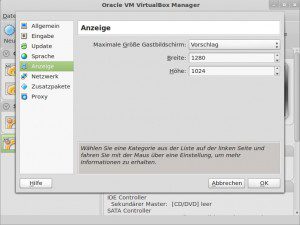 VirtualBox: Vorschlag zur Bildschirmauflösung