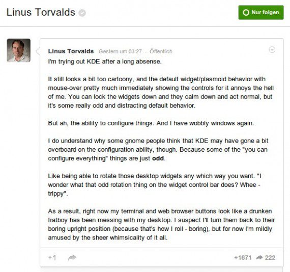 Linus Torvalds gibt KDE wieder mal eine Chance