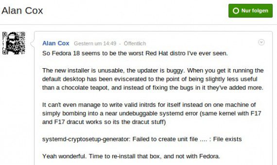 Fedora 18: Alan Cox is not amused ...