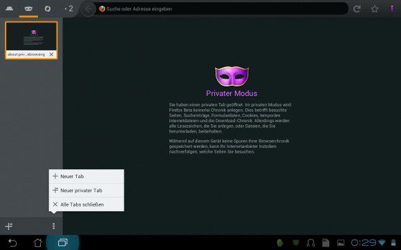 Firefox 20 für Android: privater Modus