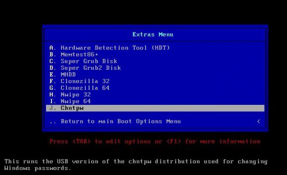 Parted Magic 2013_02_28: chntpw im Untermenü Extras