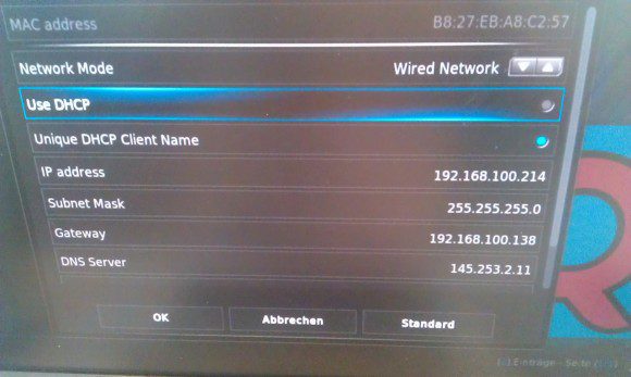 Raspbmc: fixe IP-Adresse vergeben