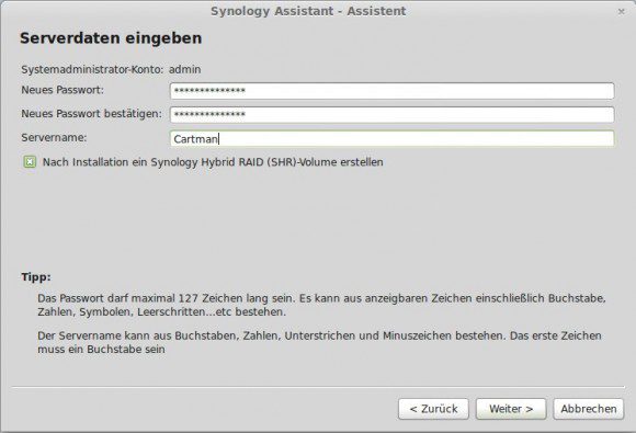 DSM installieren: admin-Passwort