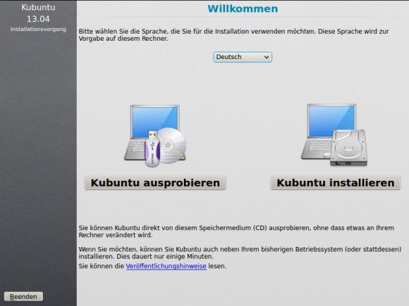 Kubuntu installieren: Startbildschirm