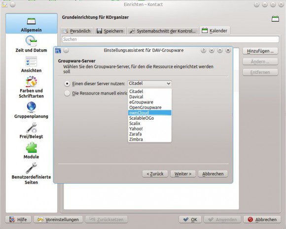 ownCloud als Server wählen