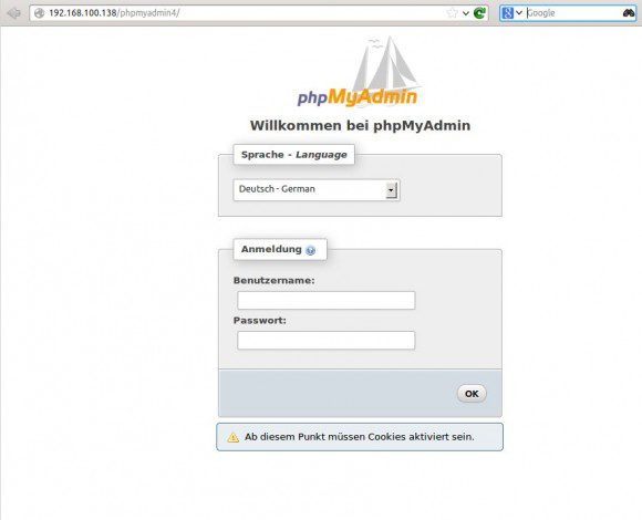 phpMyAdmin 4: Anmelden