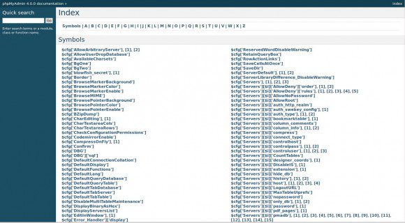 phpMyAdmin 4: Dokumentation Index