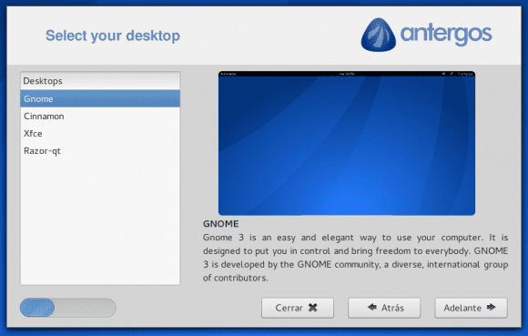 Antergos: Desktop-Umgebung auswählen (Quelle: antergos.com)