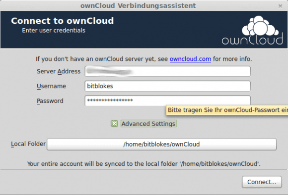 ownCloud-Desktop-Client: Einrichtungs-Assistent