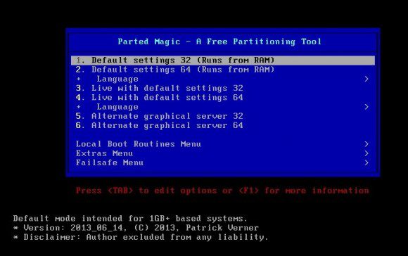 Parted Magic 2013_06_14: Bootscreen