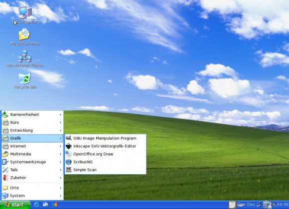 Tails 0.19: Windows-XP-Tarnung mit offenem Menü
