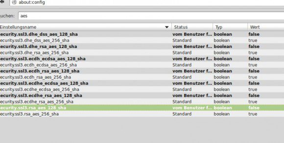 about:config - nach AES suchen und 128 Bit deaktivieren