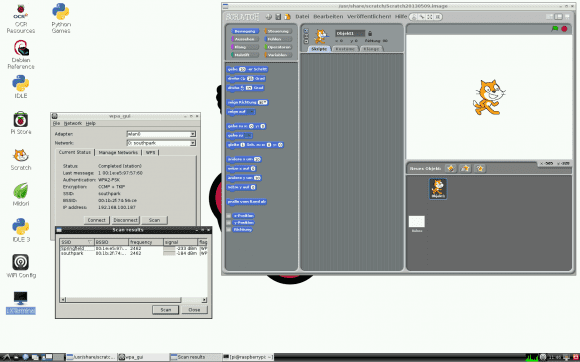 Raspbian mit Scratch und WiFi-Konfiguration geöffnet