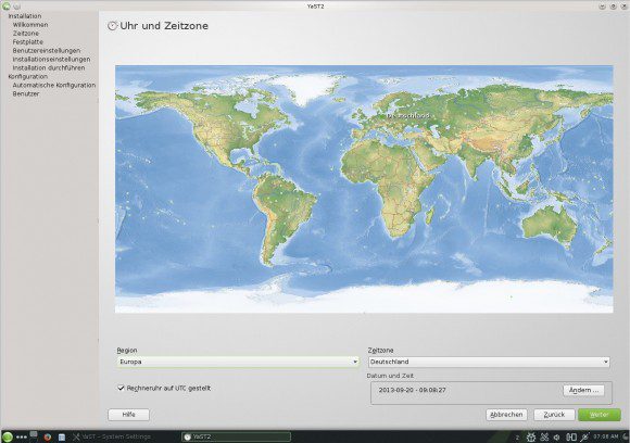 openSUSE 13.1 KDE: Installation - Zeitzone wählen