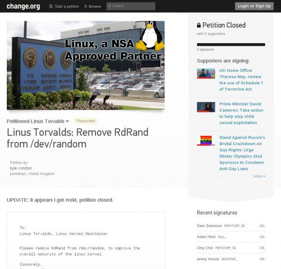 Petition: Raus mit RdRand aus dem Linux-Kernel!