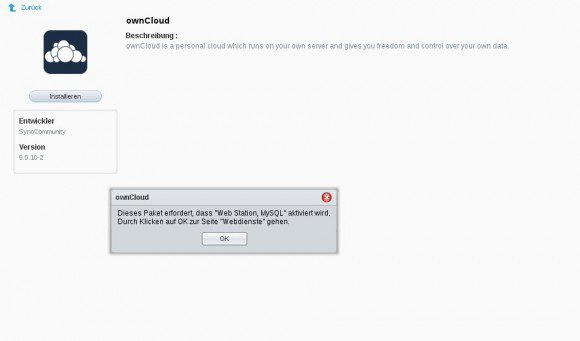 Synology: ownCloud möchte den Web-Dienst und MySQL aktiviert haben