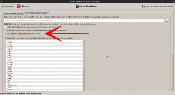 Calibre 1.12: Automatisches Hinzufügen aller Dateien
