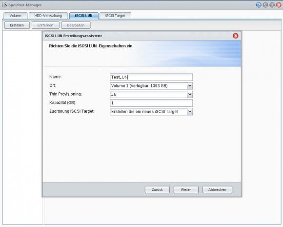 iSCSI-LUN-Assistent: Name, Ort und Größe