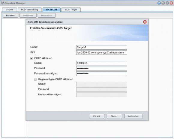 iSCSI-LUN-Assistent: Name und IQN des Targets