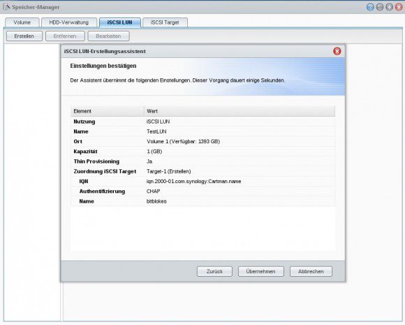 iSCSI-LUN-Assistent: fertig