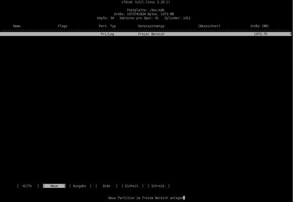 iSCSI: Mittels cfdisk eine Partition erstellen