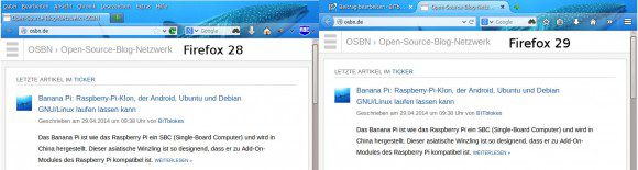 Firefox 28 links und Firefox 29 rechts