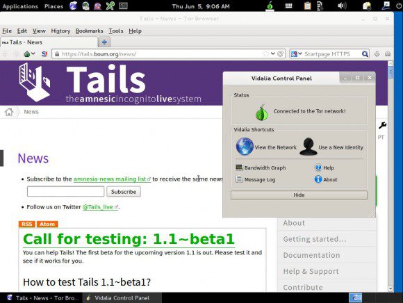 TAILS 1.1: Browser - TOR - Vidalia