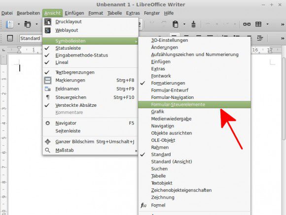 LibreOffice: Formular-Steuerelemente anzeigen lassen