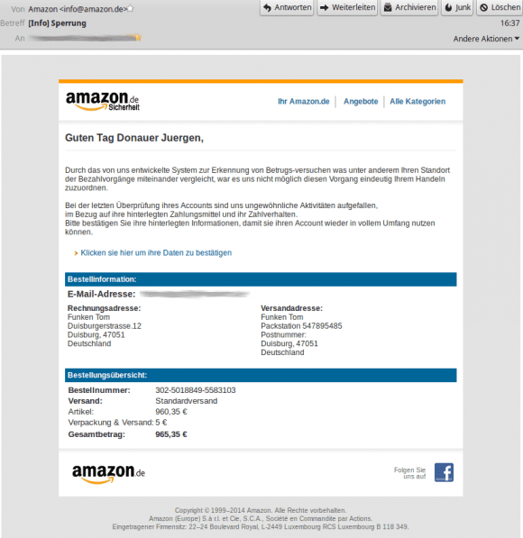 Amazon: Phishing-Versuch