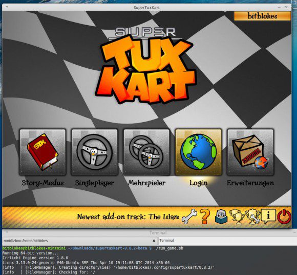 SuperTuxKart 0.8.2 über die Binärdatei für Linux gestartet