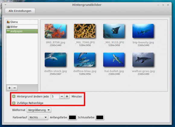 Bei Linux Mint 17.1 mit Cinnamon 2.4 kann man die Wallpaper rotieren lassen