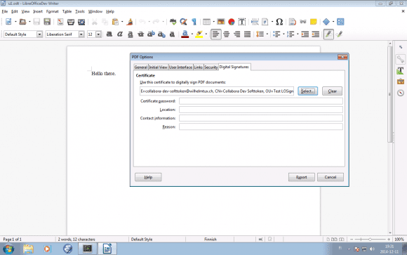 LibreOffice 4.4:  Digitale Signatur für PDF-Export (Quelle: documentfoundation.org)