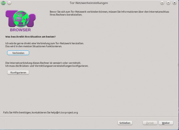 Tor Browser: Startbildschirm