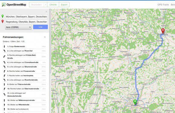 OpenStreetMap Routenplaner von München nach Regensburg