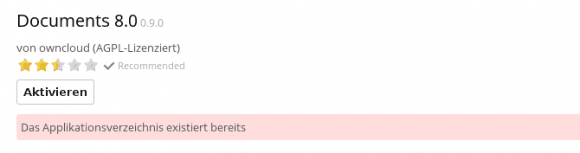 Documents bei ownCloud 8.0.1: Das Applikationsverzeichnis existiert bereits