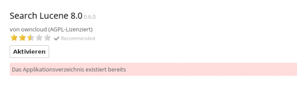 Search Lucene bei ownCloud 8.0.1: Das Applikationsverzeichnis existiert bereits