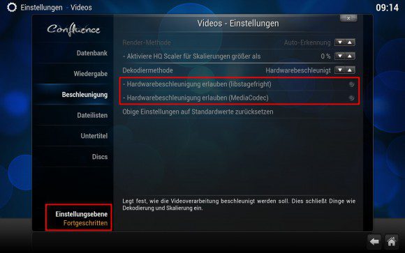 Kodi: Video -> Beschleunigung -> umstellen