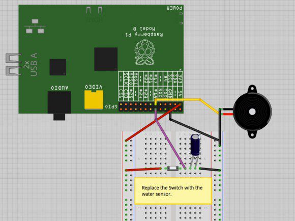 Raspberry Pi als Wassersensor: Die Schaltung (Quelle: http://fritzing.org)