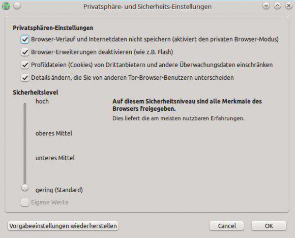 Tor Browser 5.0a3: Sicherheitslevel einstellen