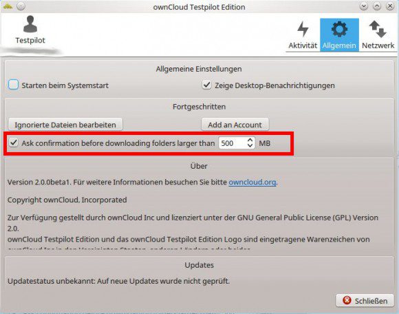 ownCloud Client 2.0: Ist ein Ordner über dem festgelegten Schwellenwert, ist eine Bestätigung notwendig