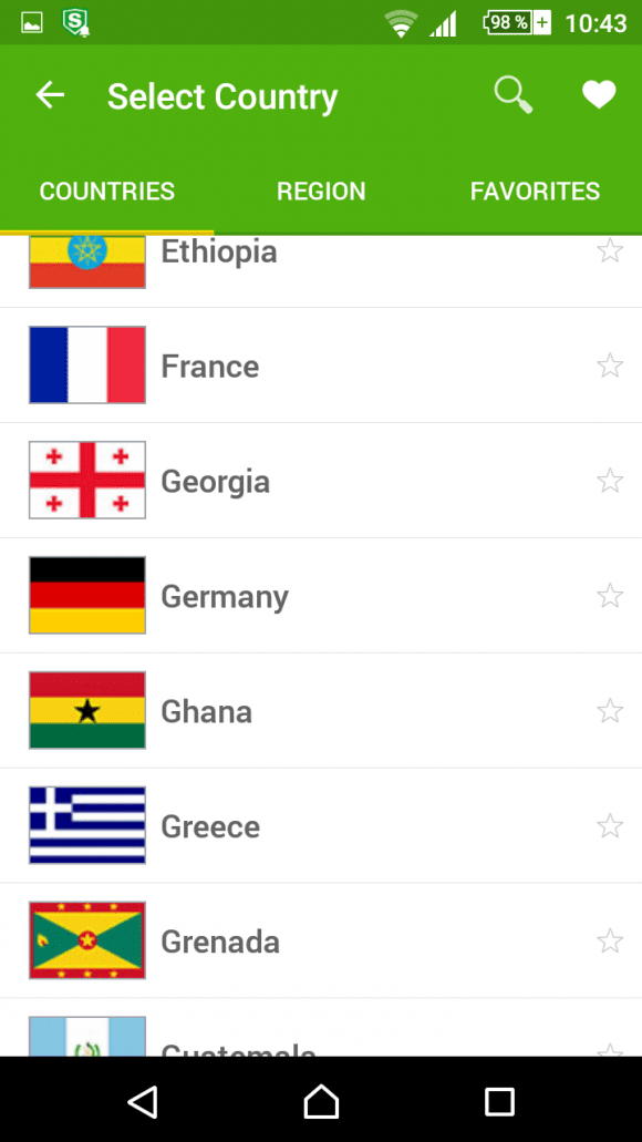 PureVPN auf Android: Land auswählen