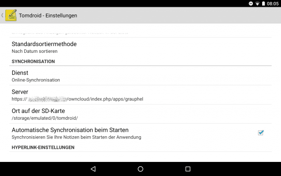 Tomdroid: Einstellungen