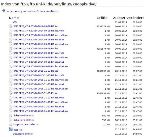 KNOPPIX 7.6 auf dem FTP-Server der Universität Kaiserslautern