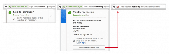 Anwender können über das Symbol den Schutz vor Mixed Content deaktivieren (Quelle: mozilla.org)