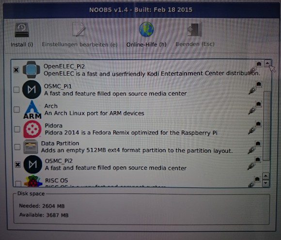 OSMC und OpenELEC via NOOBS ausgewählt