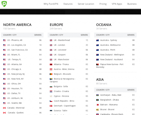 PureVPN in etlichen Ländern vertreten