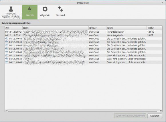 ownCloud Client 2.0.x Aktivitäten