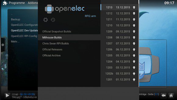 Entwickler-Versionen von OpenELEC einspielen
