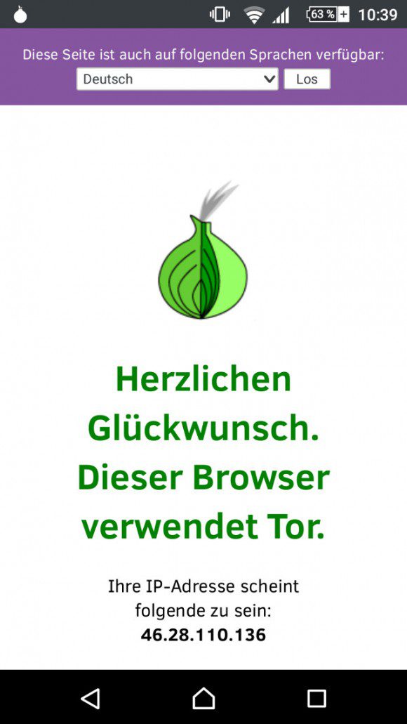 Orfox ist mit dem Tor-Netzwerk verbunden